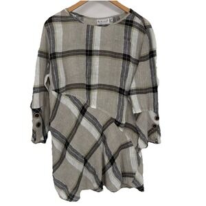Habitat Women Linen Blend Tunic Top Medium Plaid Crinkle Plaid Buttons Lagenlook